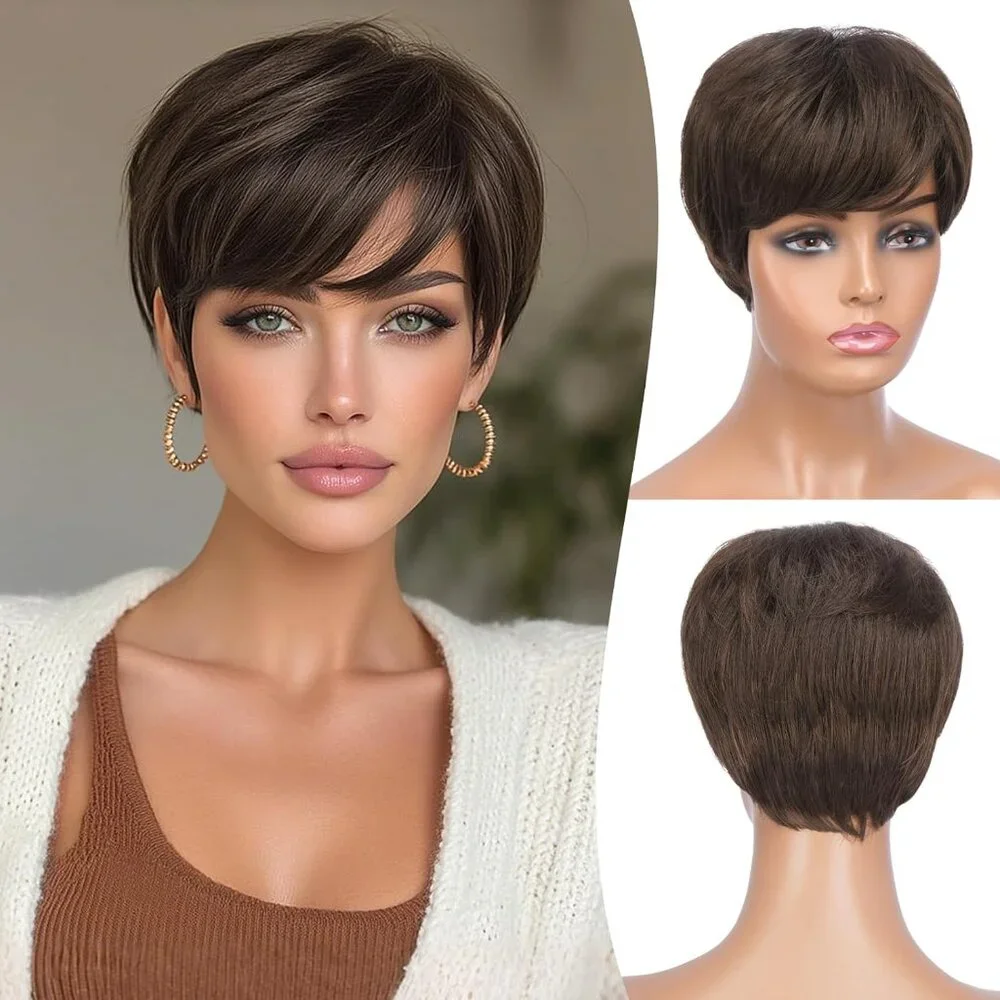 Cute Pixie Cut Wig for Women Brown with Highlights
